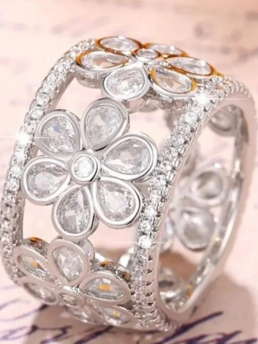 Gorgeous silver plated floral bridal cocktail ring with Swarovski elements